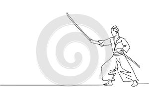 One continuous line drawing of young bravery samurai warrior pose ready to attack at training session. Martial art combative sport
