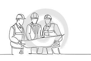 One continuous line drawing of young construction coordinator discussing construction design plan to team member. Building