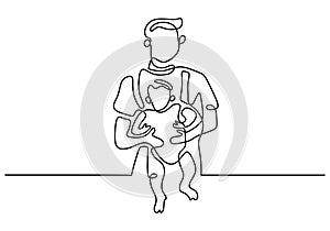 One continuous line drawing of young dad carrying his child. Happy father`s day concept isolated on white background. Happy famil