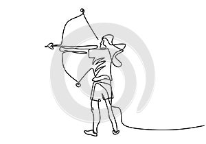 One continuous line drawing of young energetic archer woman pulling the bow to shooting an archery target. Professional archer