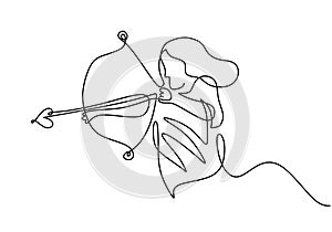 One continuous line drawing of young energetic archer woman pulling the bow to shooting an archery target. Professional archer