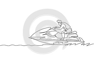 One continuous line drawing of young energetic man fun play jet skiing in the sea ocean. Healthy lifestyle sport concept. Happy photo