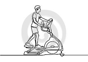 One continuous line drawing of young energetic man working out relax with elliptical cross. Sport man doing exercise. Healthy