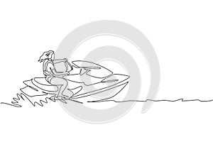 One continuous line drawing of young energetic woman fun playing jet ski in the sea ocean. Healthy lifestyle sport concept. Happy