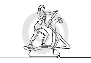 One continuous line drawing of young energetic woman working out relax with elliptical cross. Sport girl doing exercise. Healthy