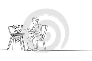 One continuous line drawing of young father feeding his daughter a meal who sit at baby dining chair. Happy family parenthood
