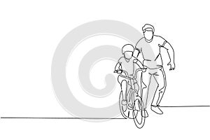 One continuous line drawing of young father help his son learning to ride a bicycle at countryside together. Parenthood lesson