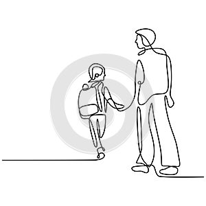 One continuous line drawing of young father takes his son to go to school. Happy little boy walking with his dad to school. Loving