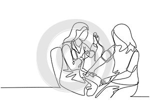 One continuous line drawing of young female doctor checking patient pulse rate and blood tension using tensiometer. Medical health