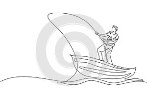 One continuous line drawing of young fisherman happy standing and fishing on the lake from the wooden boat. Fishing leisure hobby