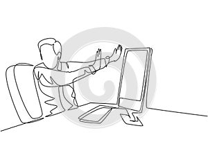 One continuous line drawing of young frightened businessman keep of himself from monitor computer because of traumatize. Work