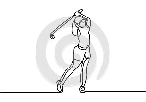 One continuous line drawing of young girl training swing golf club and hit the ball. Professional golfer. Leisure sport concept.