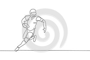 One continuous line drawing of young happy american football player running fast to avoid opponents for competition poster. Sport