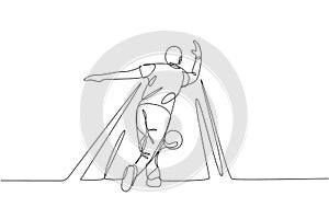 One continuous line drawing of young happy bowling player man throw ball into lane to hit the pin. Healthy sport and lifestyle