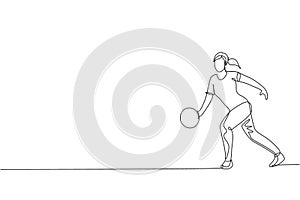 One continuous line drawing of young happy bowling player woman throw ball into lane to hit the pin. Healthy sport and lifestyle
