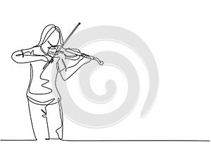 One continuous line drawing of young happy female violinist performing to play violin on music festival concert. Musician artist