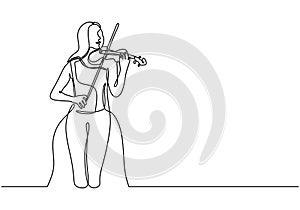 One continuous line drawing of young happy female violinist performing to play violin. Musician artist performance concept single