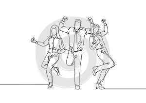 One continuous line drawing of young happy male and female company founder jumping at the meeting room together. Business teamwork