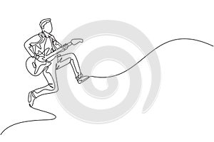 One continuous line drawing of young happy male guitarist jumping while playing electric guitar on music concert stage. Musician