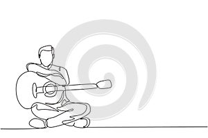 One continuous line drawing of young happy male guitarist posing after playing acoustic guitar. Dynamic musician artist