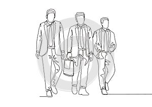 One continuous line drawing of young happy male marketer managers walking together and discussing new marketing strategy