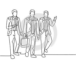 One continuous line drawing of young happy male sales managers walking together and discussing new selling strategy. Urban