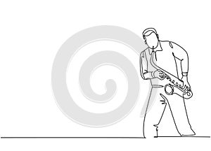 One continuous line drawing of young happy male saxophonist performing to play saxophone on music concert. Musician artist