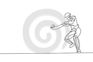 One continuous line drawing of young happy man cricket player focus to hit the ball hard vector illustration. Competitive sport