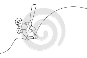 One continuous line drawing of young happy man cricket player focus to train cricket bat swing vector illustration. Competitive