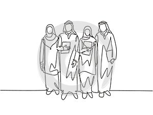 One continuous line drawing of young happy muslim workers walking together at office alley building. Islamic clothing shemag