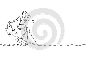 One continuous line drawing young happy tourist surfer exercising surfing on wavy ocean. Healthy extreme watersport concept.