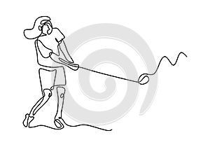 One continuous line drawing of young happy woman golf player swing the golf club to hit the ball. Beautiful girl playing golf in