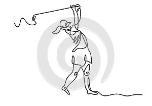 One continuous line drawing of young happy woman golf player swing the golf club to hit the ball. Beautiful girl playing golf in