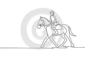 One continuous line drawing of young horse rider man in action. Equine training at racing track. Equestrian sport competition