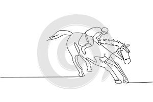 One continuous line drawing of young horse rider man in action. Equine training at racing track. Equestrian sport competition