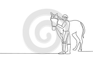 One continuous line drawing of young horse rider man rubbing and stroking horsehair. Equine pet care. Equestrian sport competition