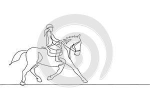 One continuous line drawing of young horse rider woman in action. Equine run training at racing track. Equestrian sport