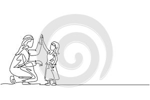 One continuous line drawing of young Islamic dad give high five gesture to his daughter girl. Happy Arabian muslim loving