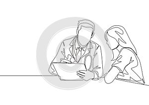 One continuous line drawing of young male doctor giving consultation session to female patient while reading medical record photo