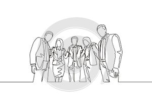 One continuous line drawing of young male and female business people from multi ethnic standing together and posing elegantly