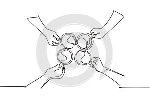 One continuous line drawing of young male and female business people team members hands cheering with glass of coffee from top