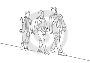 One continuous line drawing of young male and female managers talking and walking together on office lobby to go to canteen