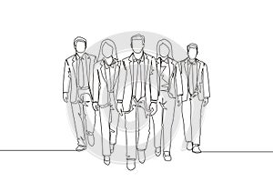 One continuous line drawing of young male and female managers walking together neatly in a row in city street go to office