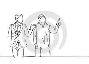 One continuous line drawing of young male muslim businessman meeting and talking with his colleague. Islamic clothing shemag