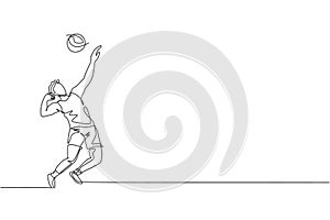 One continuous line drawing young male professional volleyball player in action serve ball on court. Healthy competitive team