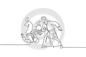 One continuous line drawing of young man aikido fighter practice fighting technique at dojo training center. Martial art combative