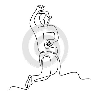 One continuous line drawing of a young man holding a book while jump and raised hand. Happy cheerful teenager male success his