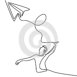 One continuous line drawing of young man launching a toy plane in the field. Happy teenager boy playing airplane into the sky