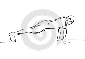 One continuous line drawing of young man training doing push ups in a fitness training gym isolated on white background. A male