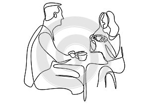 One continuous line drawing of young man and woman couple enjoying a cup of coffee together at coffee shop. Happy male and female